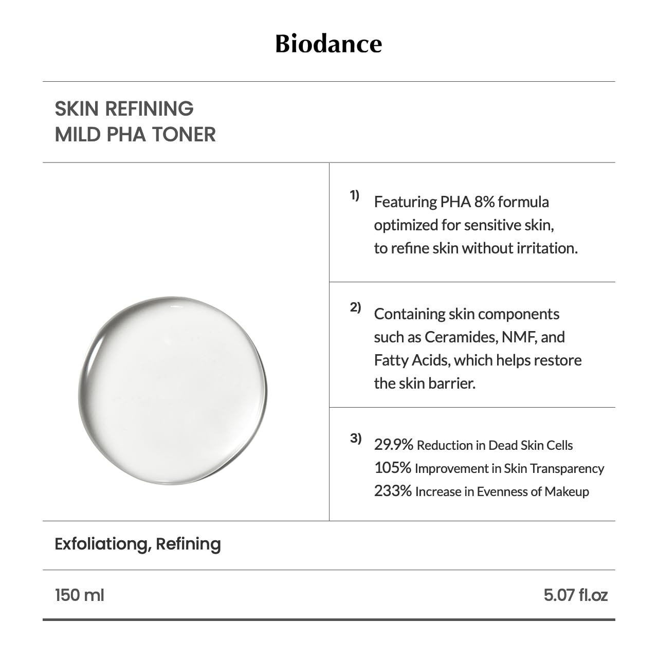 image:imageBiodance Skin Refining Mild PHA Toner Gentle Exfoliating Hydrating Face Toner for Sensitive Skin with Ceramides amp NMF Korean Skin Care 507 floz150ml