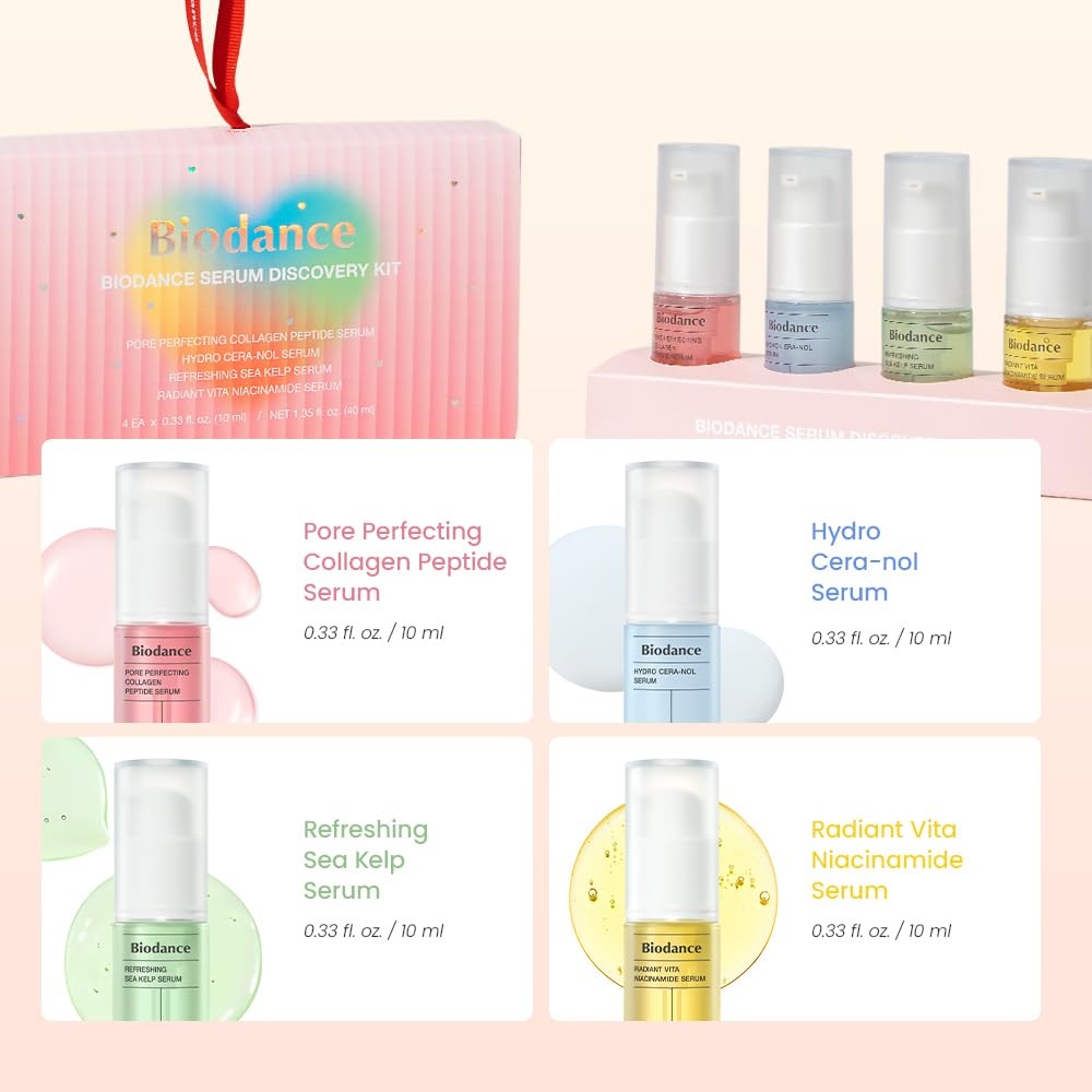 image:imageBIODANCE Serum Discovery Set 4 Mini Serums Set Korean Skin Care with Collagen Peptide Ceramide Panthenol Sea Kelp Vitamin C Niacinamide Skin Care Set 10ml x 4 Serums