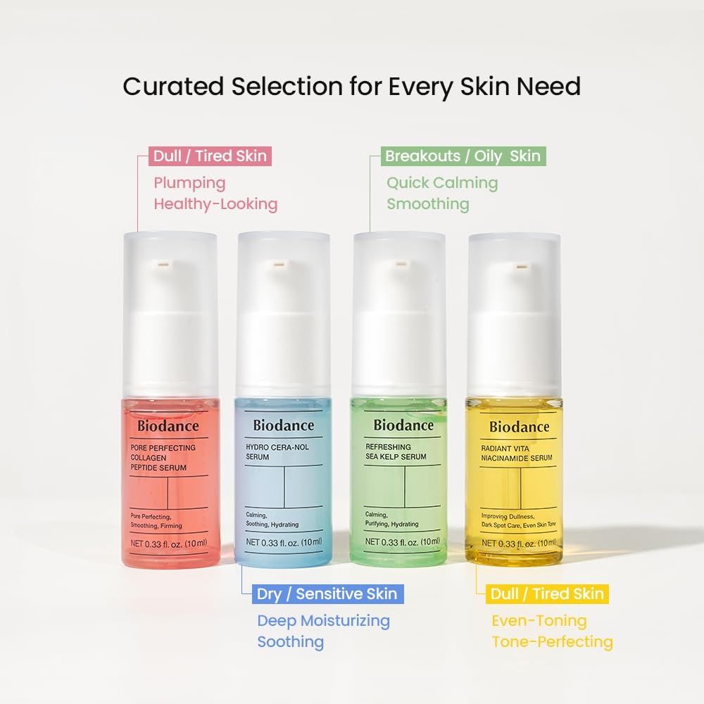 image:imageBIODANCE Serum Discovery Set 4 Mini Serums Set Korean Skin Care with Collagen Peptide Ceramide Panthenol Sea Kelp Vitamin C Niacinamide Skin Care Set 10ml x 4 Serums